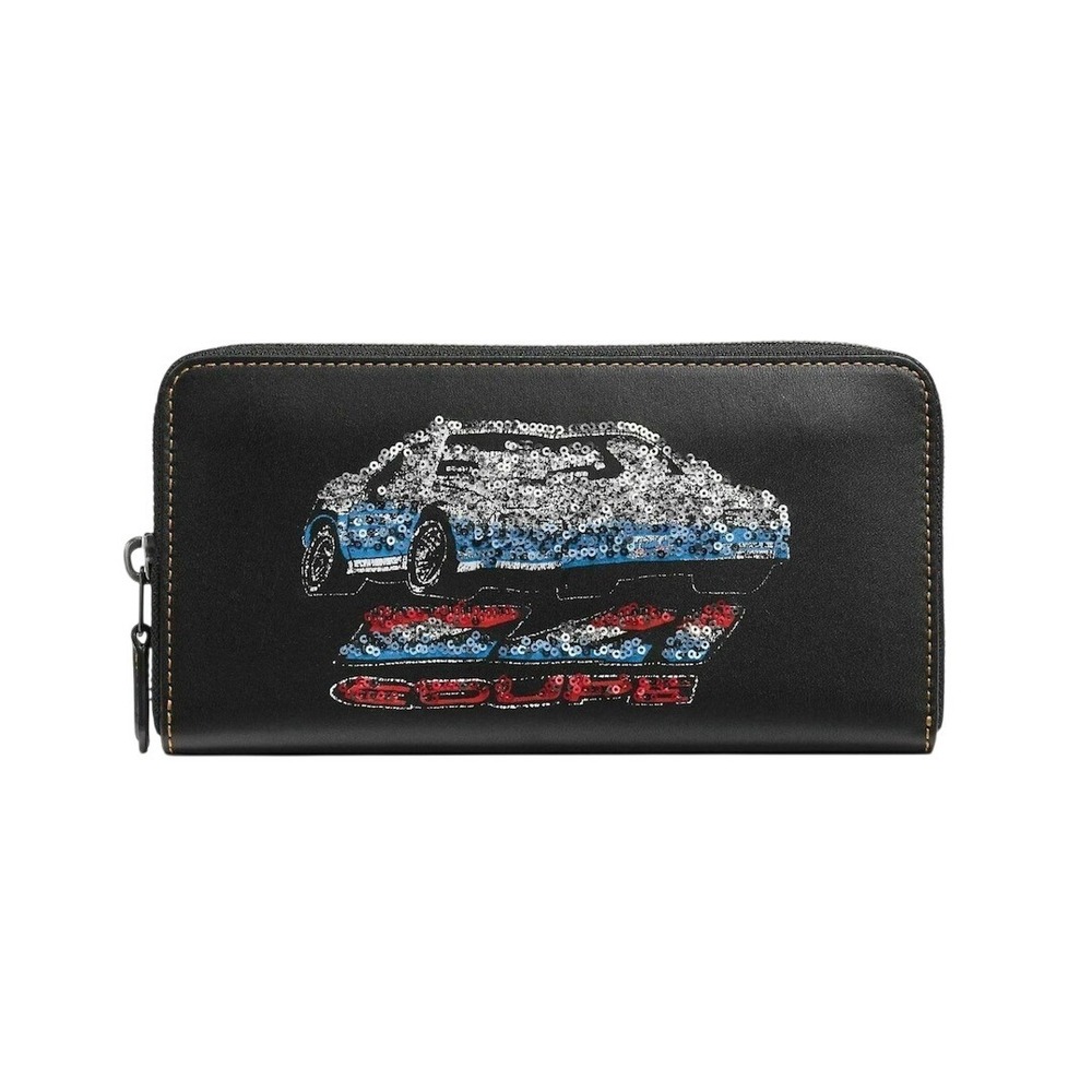 NEW Coach Sequin Car Accordion Zip Wallet Black Leather Red